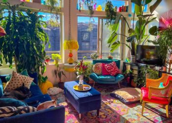 Boho home decor in a Denver apartment next to Mile High Stadium